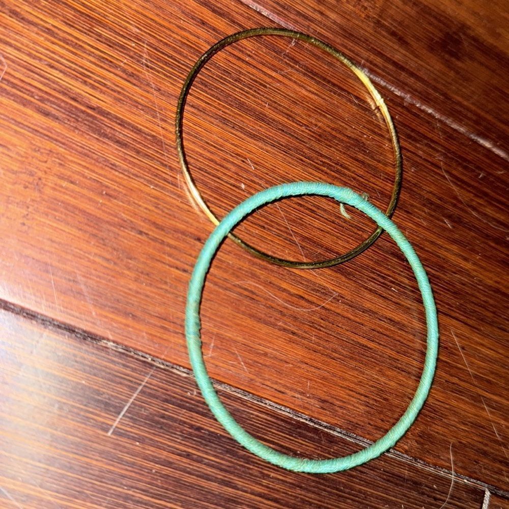 Elegant Gold and Teal Bangle Bracelet Set of 2 - Teal String & Gold Bangle